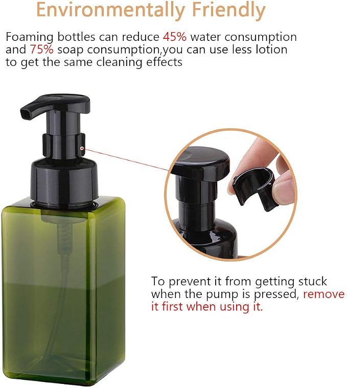 Foaming Soap Dispenser, 15oz Plastic Refillable Pump Bottle, 2 Pack, Green | Hand Dispenser for Liquid Soap, Shampoo & Body Wash – Saves Soap with Rich Foam, Reusable, Easy to Refill, BPA-Free