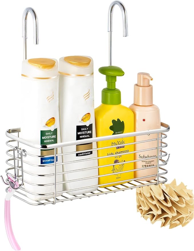 YQh hanging shower rack, bathroom storage rack, shampoo bracket, the back hook can be rotated, and can be hung on the faucet or Claw foot bathtubcross bar, 304 stainless steel rust proof and durable