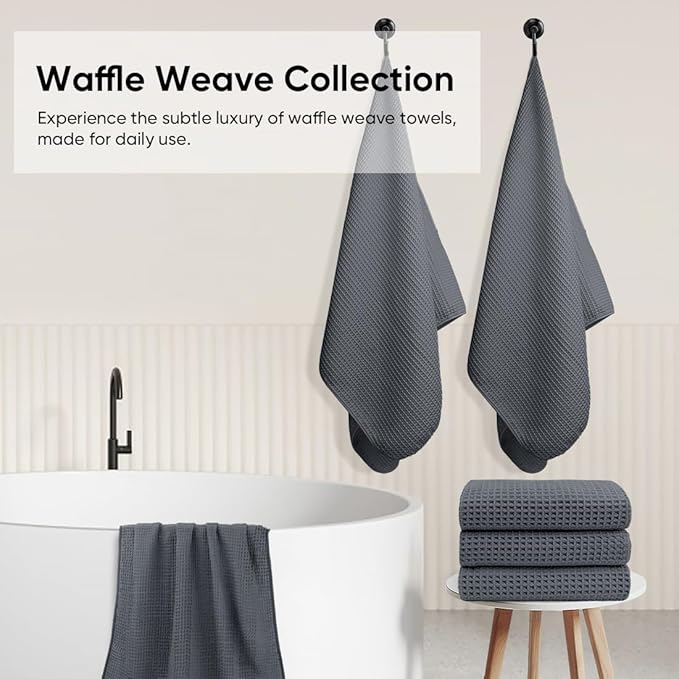 HOMEXCEL Waffle Bath Towels Set of 4 Pack, Waffle Towels for Bathroom, Grey | 400GSM Microfiber Waffle Bathroom Towel Set, Ultra Soft, Highly Absorbent, Quick Dry Towel for Gym, Shower, Spa, 30 x 60 Inch