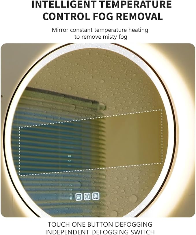 20inches Round LED Mirror,samrt Mirror Bathroom,Wall Bathroom Mirror with Light,Anti- Fog,3 Colors Dimmable,Front and Backlit,CRI90+,Touch Button