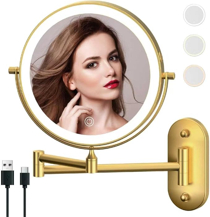 9" Wall Mounted Lighted Makeup Mirror,Oval Base, 10X, Gold | Rechargeable Lighted Makeup Vanity Mirror,Double Sided Dimmable,Magnifying,3 Color Lighting,360 Rotation Shaving,Women Gift