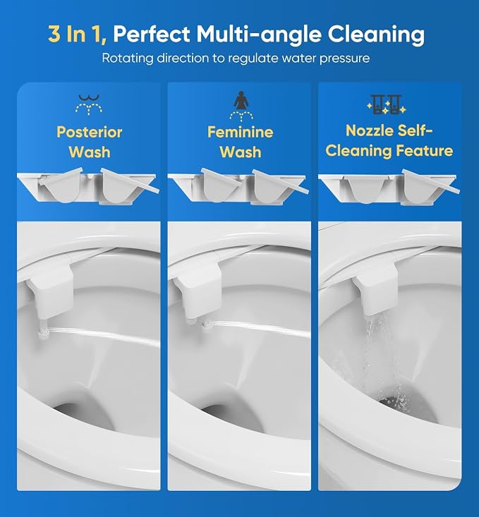 Ultra-Slim 3-in1 Bidet, Warm Water, Self-Cleaning, Posterior&Feminine Wash-(Retractable Dual Nozzles), Non-Electric Bidet Attachment for Toilet Seat, Adjustable Water Pressure, Stainless Steel Inlet | Toilet Seat Add-On