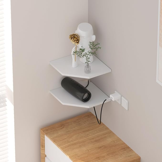 JJL Corner Shelf, 12 Inch Corner Shelf Wall Mounted with Wire Hole, 2 Tier 13.3 Inch Deep Wooden Corner Hanging Shelves for Wall Storage, for Speaker, Cable Box, White
