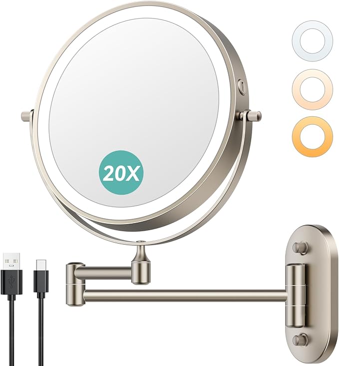 Auxmir 8'' Wall Mounted Makeup Mirror，1X/20X Rechargeable Magnifying Mirror | double-sided button/ rechargeable 3200mAh/ 3 dimmable colors/ 360° rotation/ extended arm/ 30X magnification for bathroom
