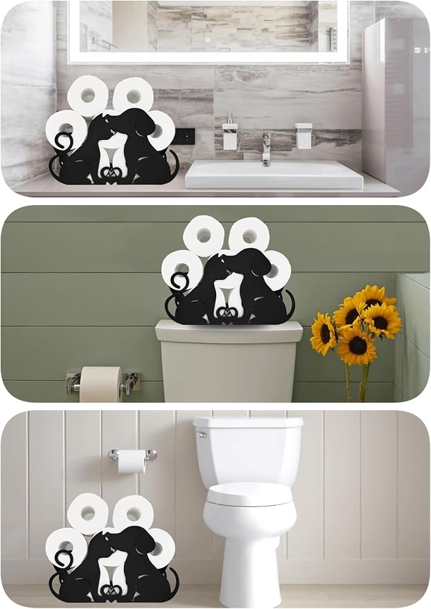Lover Dog Black Metal Paper Holder, Decorative FreeStanding Toilet Paper Organizer for Bathrooms, Holds Extra 8 Rolls