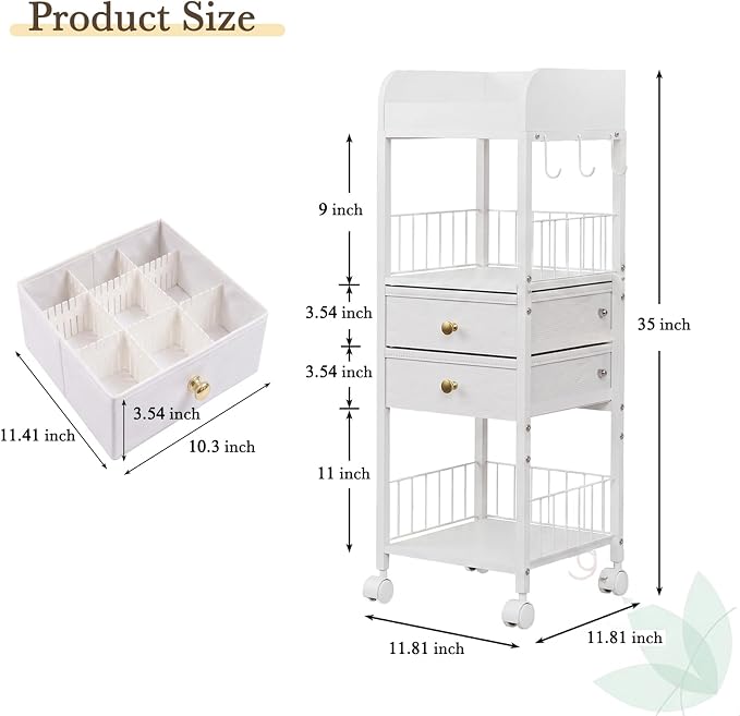 Makeup Organizer Cart with Drawers & 8 Dividers, Rolling Beauty Cart with Hooks for Cosmetics & Skincare, Space Saving Vanity Storage for Bathroom, Bedroom & Small Spaces (White)