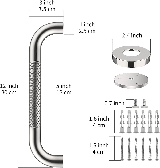 ZUEXT 2 Pack 12 Inch Chrome Anti Slip Shower Grab Bar with Knurled Grip | Bathroom Balance Support Rail, Assist Handle for Handicap, Elderly, Seniors, Wall Mount Stainless Steel Bath Safety Handrail