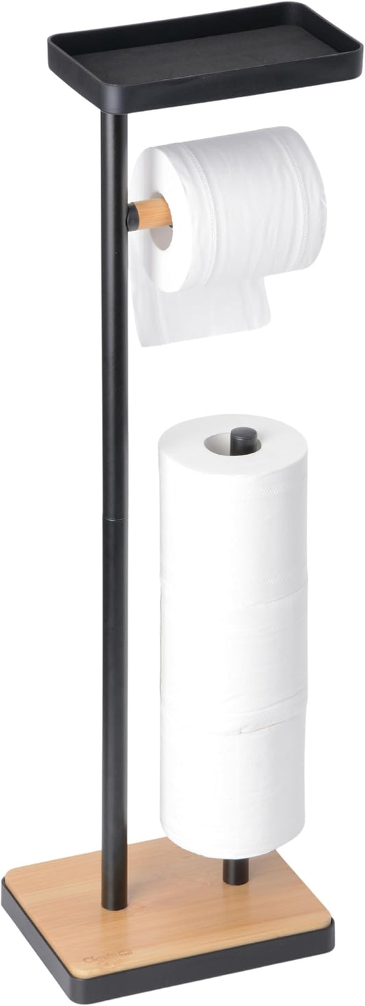 Clasin Home Toilet Paper Holder Stand, Free Standing Toilet Paper Holder with Storage and Top Shelf, Black Toilet Paper Stand Weighted Base with Bamboo Design for Bathroom