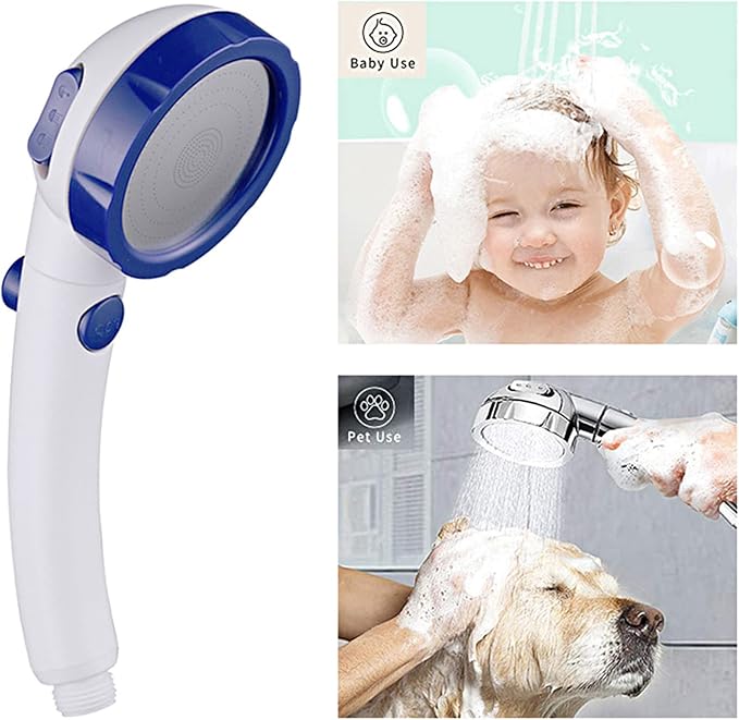 High Pressure Handheld Shower Head with ON/OFF Pause Switch | 3 Spray Modes Shower Wand with Shut Off Button, Camper & RV Showerhead with Hose & Angle Adjustable Bracket, White & Blue