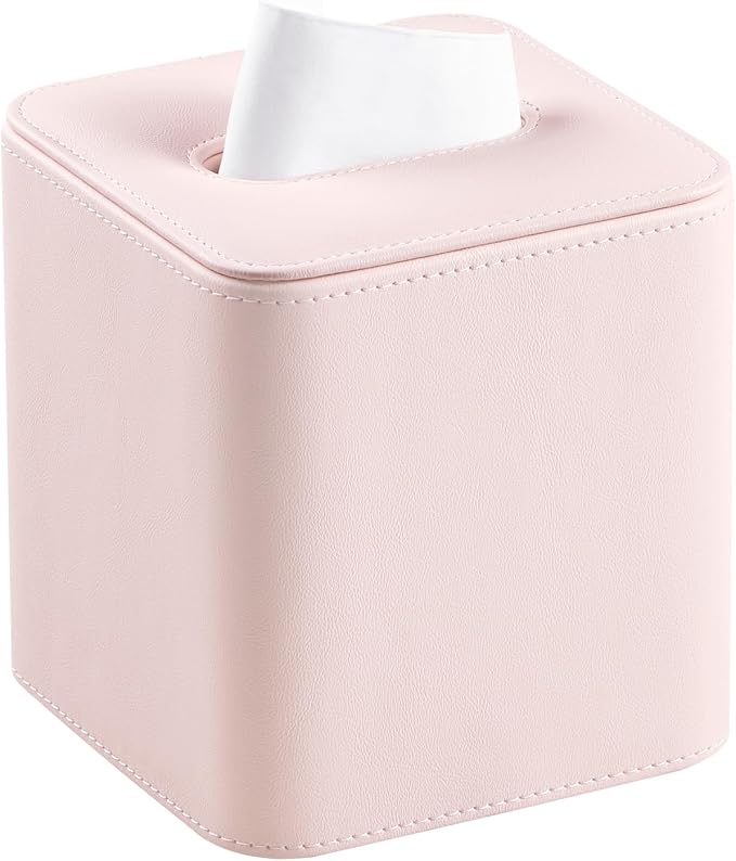 PU Leather Tissue Box Cover Square Tissue Box Holder, Pink | Magnetic Closure, Rounded Edges, Fits All Standard Cube Tissue Boxes, Decorative Tissue Holder for Living Room Bedroom Office