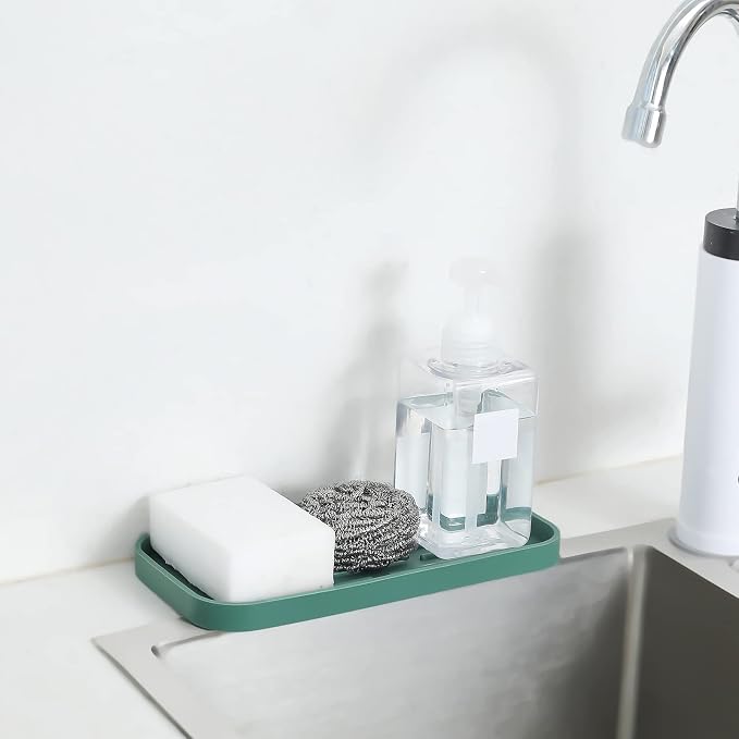 MicoYang Silicone Kitchen Sink Organizer Tray for Multiple Usage,Eco-Friendly Sponges Holder for Kitchen Bathroom Counter or Sink,Dish Soap Dispenser,Scrubber,Bottle,Cup (Green, 10"×5.3")