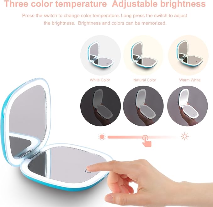 Mocado Compact Mirror with Light-4 Inches Compact 1x/10x Magnifying Mirror | Double Sides Lighted, 3 Colors Lighting, 0-100% Brightness, Diammable Touch, 1200mAh Rechargeable, For Pocket, Purse