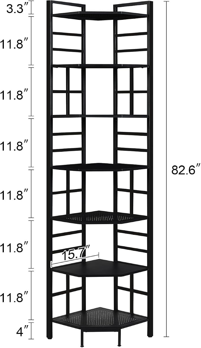 HOMISSUE Corner Shelf, 7 Tier Tall Narrow Bookshelf 82.6", Industrial Corner Bookcase with Storage for Home Office Living Room and Bedroom, Black