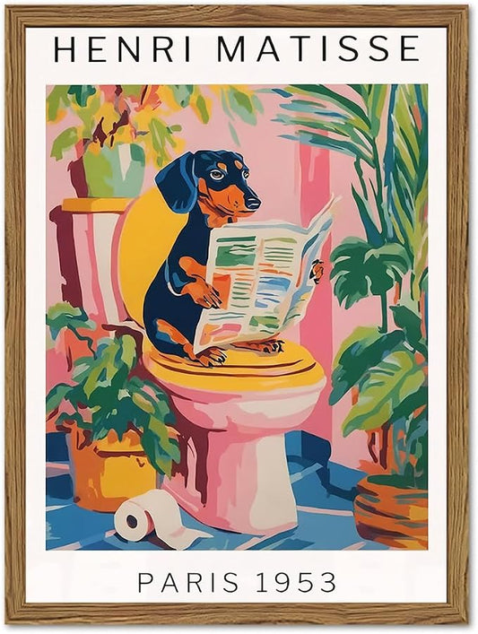 Funny Dachshund Bathroom Wall Art Henri Matisse Dog Bathroom Wall Decor Picture, Cute Puppy Animal Reading Newspaper in Toilet Poster Painting Canvas Print 12x16 inch Wood Framed