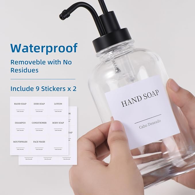 Glass Soap Dispenser with Pump, Dish and Hand Soap Dispenser for Kitchen Bathroom Set, Clear Glass Dispenser Set of 2 Pack with 18 Stickers Funnel Bamboo Tray 500ml 18oz / Each Bottle Sliver Pump