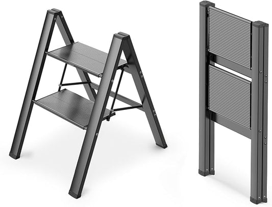 2 Step Foldable Step Stool, 300lbs Load, Black | Folded 27''H x 2''T; Net 6.6 lbs; Non-Slip Feet: Wood/Tile/Carpet; Rigid Aluminum Steps; No Assembly; Ready From Box.