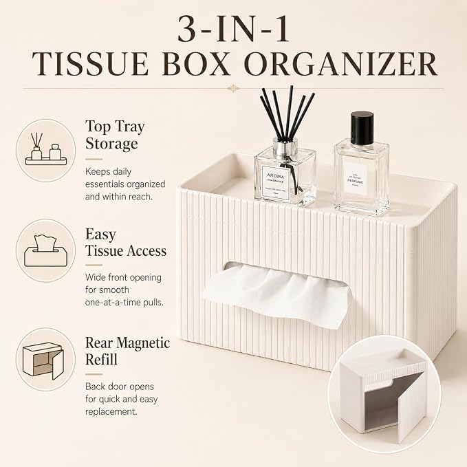 Ribbed PU Leather Tissue Box Cover with Storage Tray, Rectangular Facial Tissue Holder for Bathroom Vanity, Nightstand & Office Desk, Modern Decorative Tissue Dispenser (Ivory White)