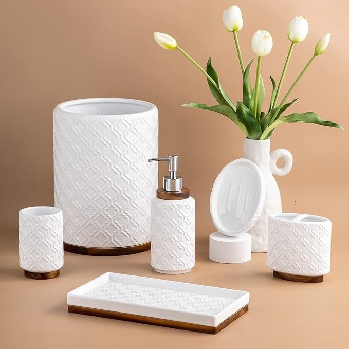 RQYIXI Ceramic 6-Piece Bathroom Accessories Set,Cream White,with Tray | ceramic and wood embossed design with Trash Can modern countertop organization
