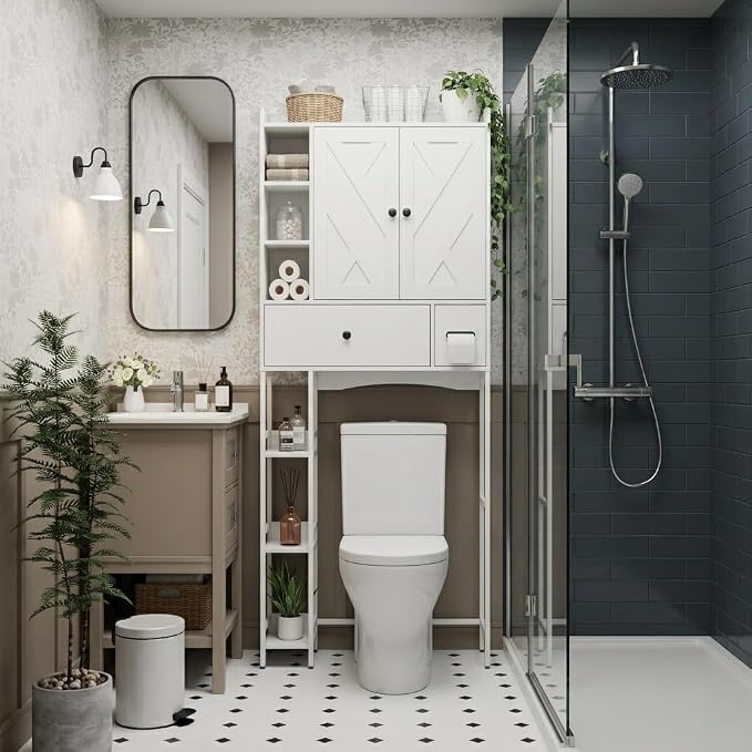 Garvee Over-The-Toilet Storage Rack, Modern Bathroom Organizer | MDF Shelves & Steel Frame, Space-Saving Toilet Shelf for Small Bathrooms, Bathroom Cabinet for Towels & Toiletries, White