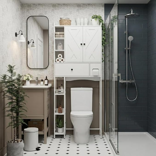 Garvee Over-The-Toilet Storage Rack, Modern Bathroom Organizer | MDF Shelves & Steel Frame, Space-Saving Toilet Shelf for Small Bathrooms, Bathroom Cabinet for Towels & Toiletries, White