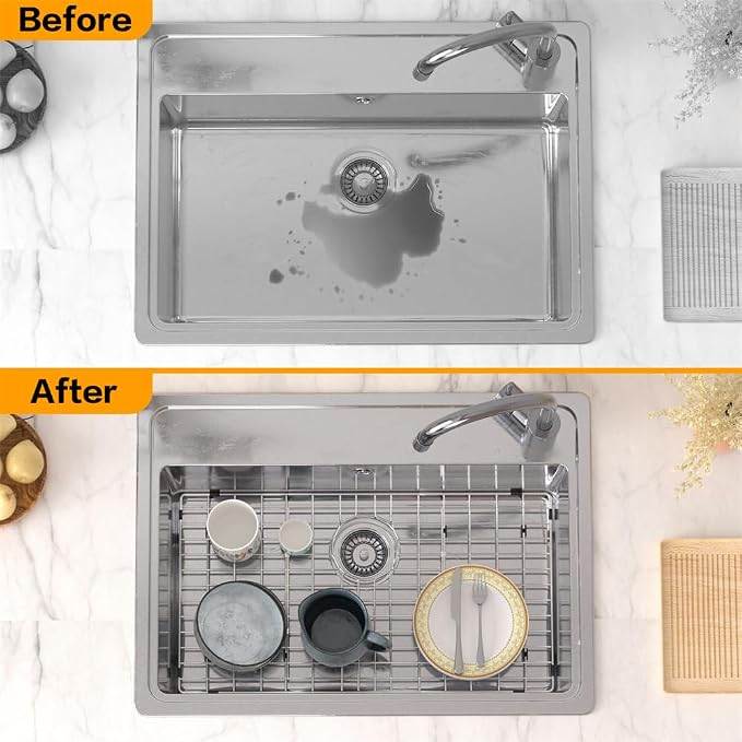 SANNO Kitchen Sink Protectors - Stainless Steel Sink Grid with Rear Drain Hole, Sink Rack 27.6" L x 14.6" W