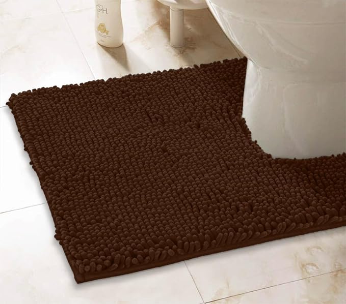 LuxUrux Brown Bath Mat - U-Shaped Contoured Rug for Around Toilet, Super Absorbent Shaggy Bath Rug. Easy Machine Wash & Dry (20" x 23", Brown)