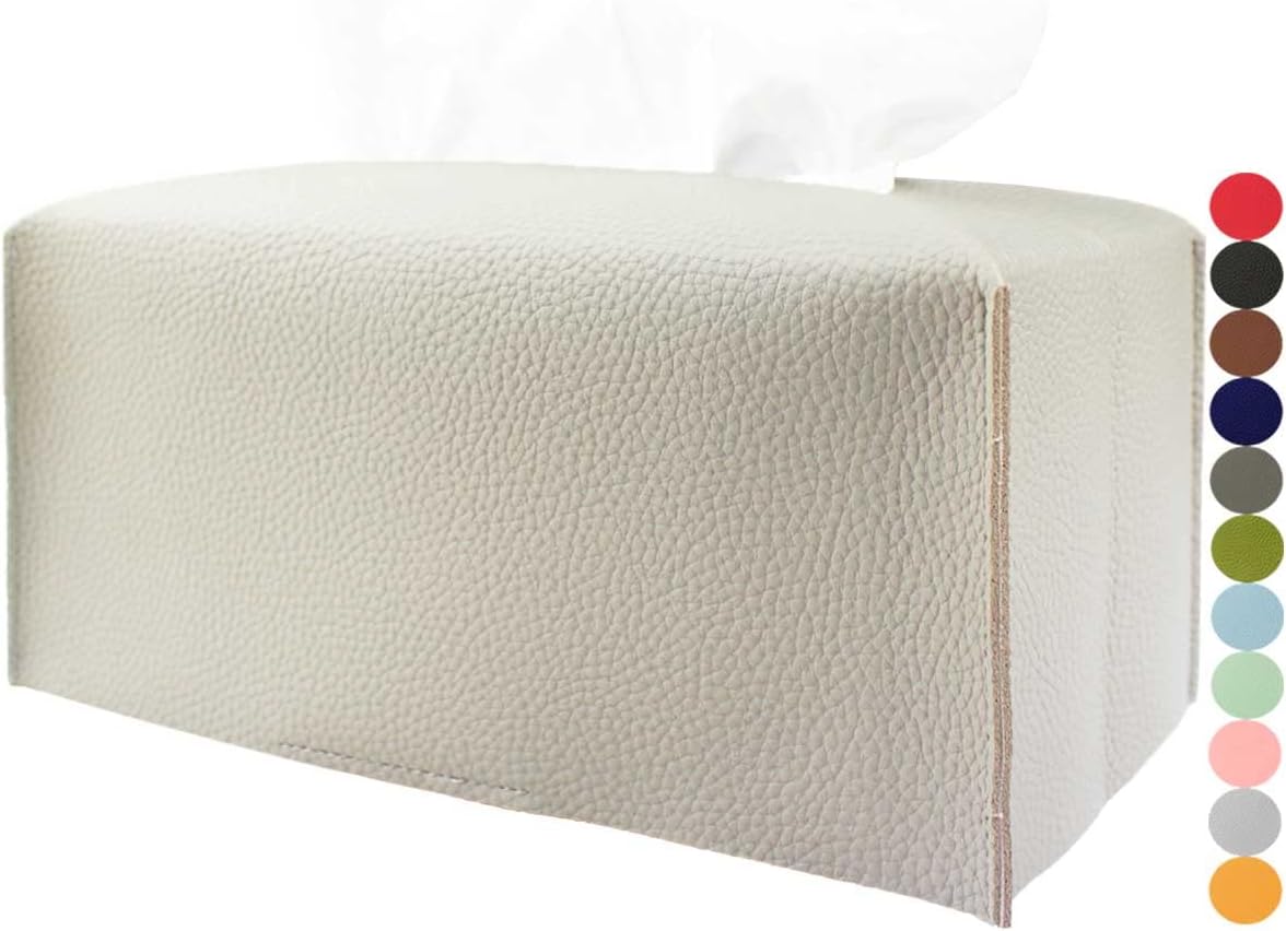 Rectangular Tissue Box Cover Leather – with Bottom Belt [JESMINI, Light Gray] Modern PU Leather Rectangle Tissue Holder Decorative for Bathroom Vanity Countertop/Night Stands/Office Desk