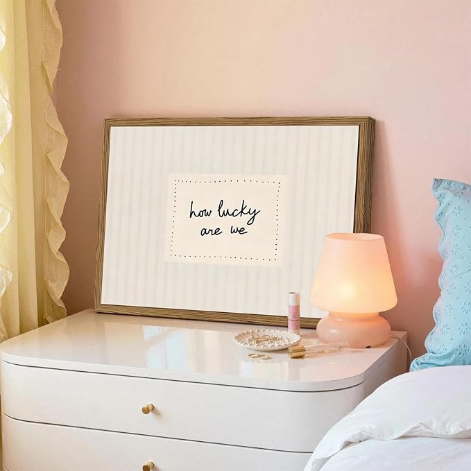 How Lucky Are We Wall Art Funky Preppy Inspirational Quote Sign Wall Decor Picture Trendy Minimalist Striped Poster Canvas Painting Print for Bedroom Living Room Dorm 24x16 inch Wood Framed
