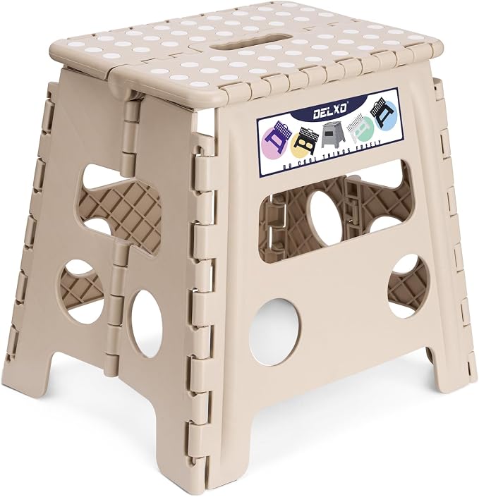 Delxo Folding Step Stool 13 Inch,300 Lbs Step Stool for Adults Khaki | Foldable Step Stool 13",Non-Slip Foot Stools with Handle,Lightweight Collapsible stools for Kitchen,Bathroom,Bedroom,Garden