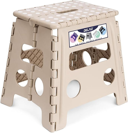 Delxo Folding Step Stool 13 Inch,300 Lbs Step Stool for Adults Khaki | Foldable Step Stool 13",Non-Slip Foot Stools with Handle,Lightweight Collapsible stools for Kitchen,Bathroom,Bedroom,Garden