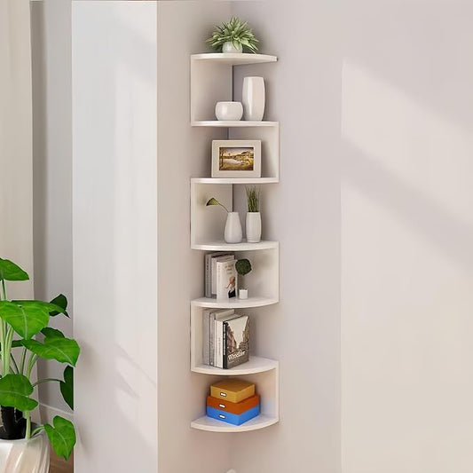 No-Drill Corner Shelf Wall Mount, 7-Tier Thickened 12mm Floating Bookshelf with Hooks, Space-Saving Zigzag Plant Shelf for Bedroom, Living Room, Bathroom, Home Office