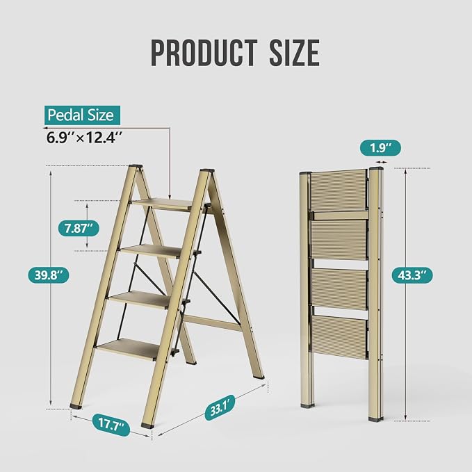 4 Step Foldable Step Stool, 300lbs Load, Gold | Folded 43''H x 2''T; Net 9.9 lbs; Non-Slip Feet: Wood/Tile/Carpet; Rigid Aluminum Steps; No Assembly; Ready From Box.