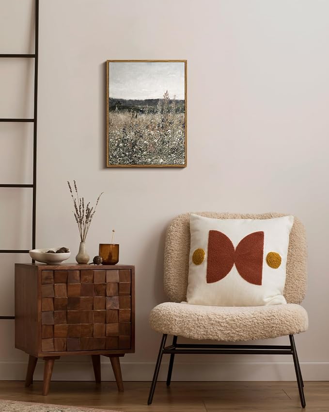 InSimSea Framed Canvas Prints Art Vintage Decor, Wildflower Field Meadow with Flowers Painting, Rustic Landscape Wall Art for Living Room Bedroom Home Bathroom Wall Decor, 12x16inch