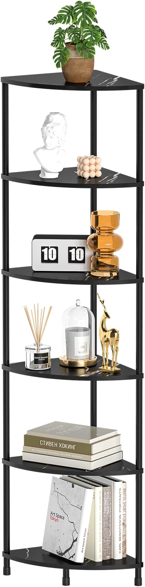 6 Tier Corner Book Shelf, 54.4", Marble Black | Metal Frame, Bathroom Kitchen Shelf Organizer Storage, Small Corner Shelf for Bedroom Living Room Decor Accessories