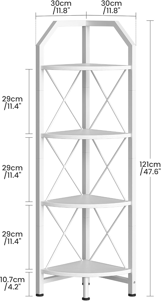 4-Tier Corner Shelf, Industrial Corner Bookshelf, 47.6" Corner Storage Stand, Plant Stand Display Shelf, Corner Bookcase for Bedroom, Living Room, Home Office, White TCJ09WB