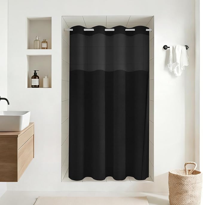 60x75 Ringless Linen Textured Shower Curtain with Snap in Liner, Black | Small Size, 3 in 1 Shower Curtain Set, Removable Liner, Waterproof & Washable, Mesh Top Window, Durable Fabric, Easy Setup