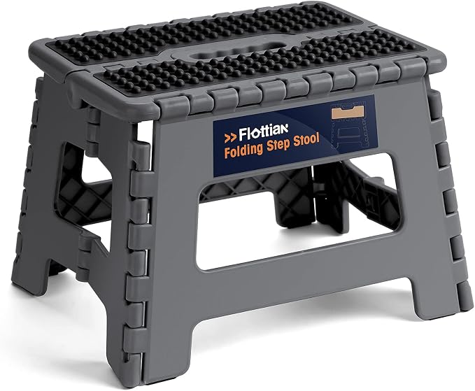 Flottian 9" Folding Step Stool for Adults and Kids Holds Up to 300 lbs,Non-Slip Folding Stools with Portable Handle, Compact Plastic Foldable Step Stool for Bathroom,Bedroom, Kitchen Gray