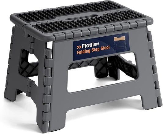 Flottian 9" Folding Step Stool for Adults and Kids Holds Up to 300 lbs,Non-Slip Folding Stools with Portable Handle, Compact Plastic Foldable Step Stool for Bathroom,Bedroom, Kitchen Gray