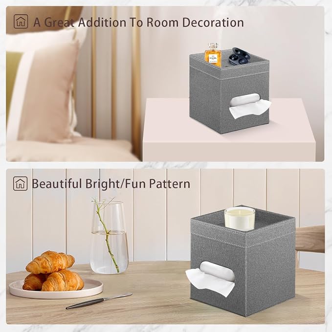 Square Tissue Box Cover with Storage Tray,Modern Decorative Tissue Holder | PU Leather Side Open Napkin Caddy,Facial Paper Dispenser for Bathroom Vanity,Night Stands,Desk,Stylish Home & Office Décor