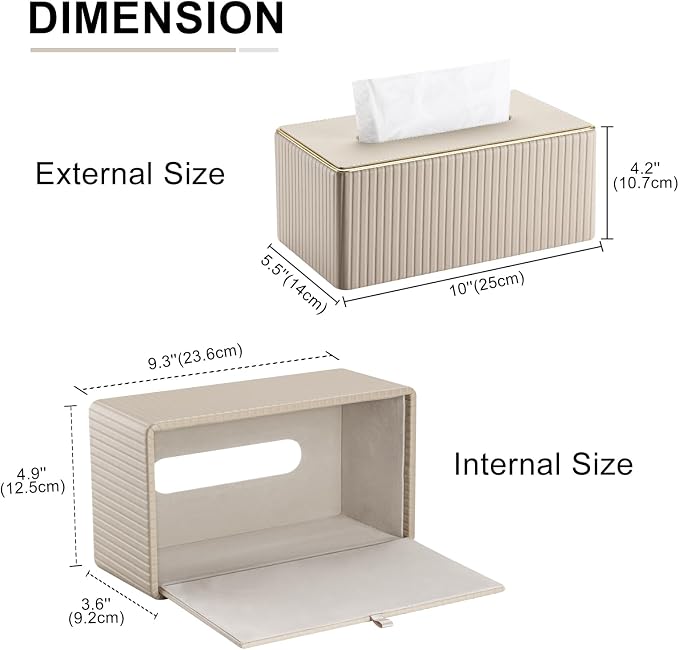 Rectangular Tissue Box Cover, PU Leather Tissue Box Holder with Magnetic Bottom, Napkin & Facial Tissue Holder Dispenser Decorative Box Cover for 120-count (3-Ply) 160-count (2-Ply) Beige