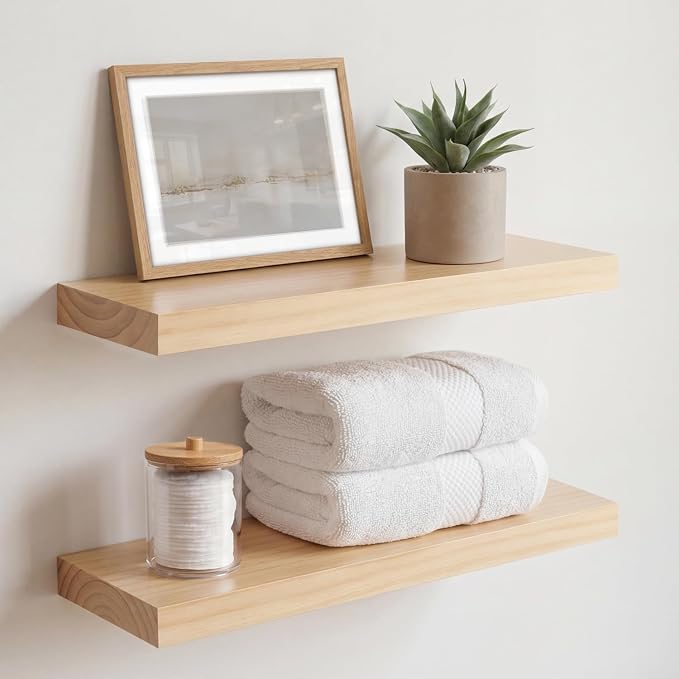 18 inch Natural Floating Shelf, High End Solid Real Wood 18inch Small Floating Shelves for Wall Mounted, Natural Wooden Floating Shelves, Heavy Duty Bracket, 18 X 6.5 X 1.75 in, Set of 4