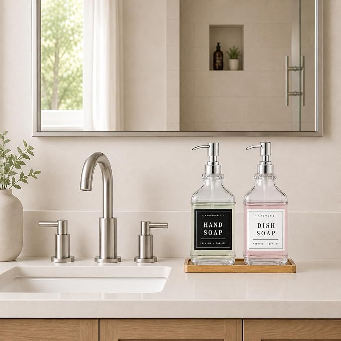 Kitchen Glass Soap Dispenser Set with Tray 2 with Silver Rust Proof Pump | 16.9oz Refillable Soap Dispenser for Hand, Dish with Waterproof Labels Residue Free, Luxury Decor for Bathroom Vanity, Clear