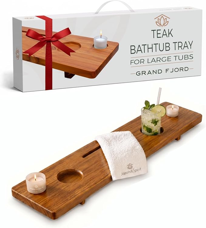 Grand Fjord 35" Luxury Teak Bathtub Tray for Large Tubs | Bath tub tray wood for freestanding tubs, bathtub trays for tub, bath tray for tub, bath table tray, soaking, home spa