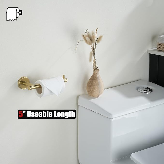 JQK Gold Toilet Paper Holder, 5 Inch Tissue Paper Dispenser, 304 Stainless Steel Thick 0.8mm Wall Mount, Brushed Brass 2 Pack, TPH100-BG-P2