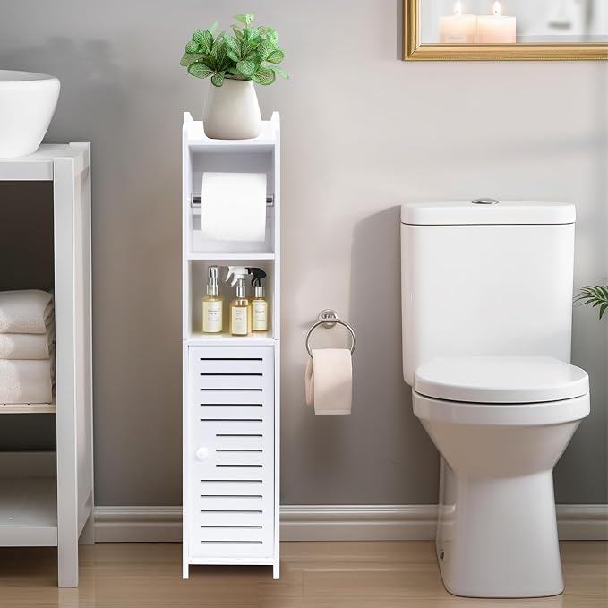 ShellKingdom Toilet Paper Holder Stand with Rod, Small Bathroom Cabinet | Slim Storage Cabinet for Bathroom Small Spaces Corner Floor with Doors and Shelves, White