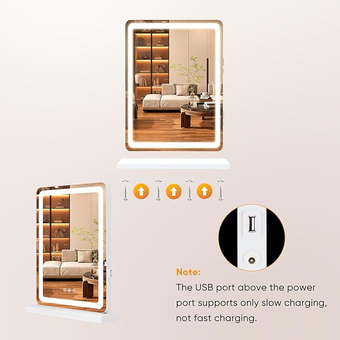Sweetcrispy 18"x13" LED Vanity Mirror with Lights, Dimmable 3 Color Modes Makeup Mirror with Memory Function, USB Charging, Aluminum Frame, Lighted Mirrors for Desk, Bedroom, Living Room