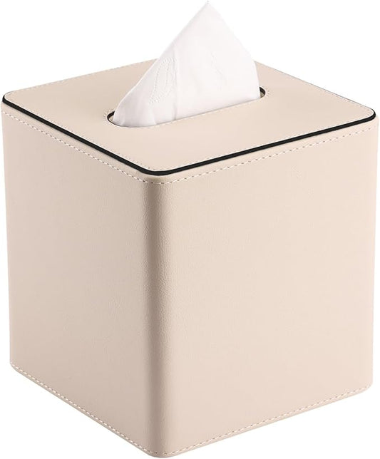 Leather Tissue Box Cover – Square Modern PU Leather Tissue Holder, Cube Tissue Dispenser for Home, Office, Bedroom, Bathroom – Elegant Minimalist Style (Beige-Square)