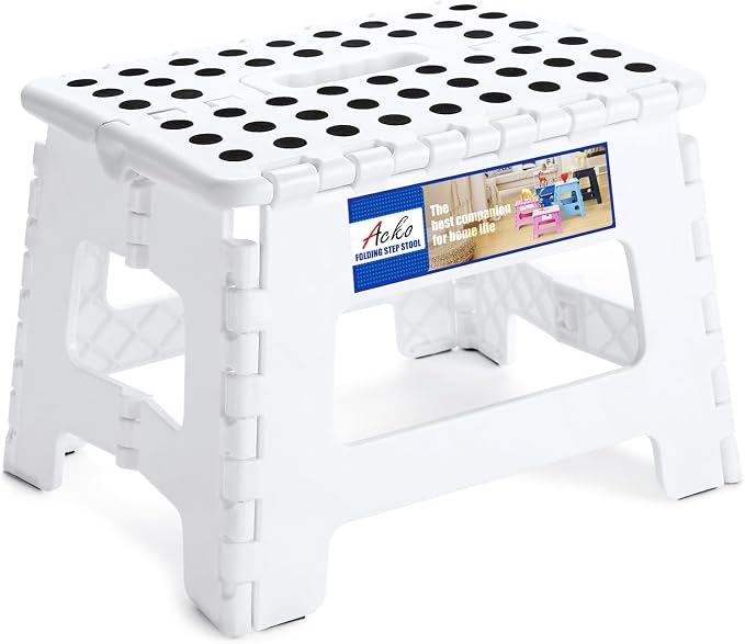 ACKO 9 Inch Folding Step Stool, Non-Slip Foldable Stools for Kids, White | Heavy Duty Collapsible Foot Stool, Lightweight, Holds 300lb for Toddler/Adults Kitchen Bathroom Bedroom Outdoor, with Handle