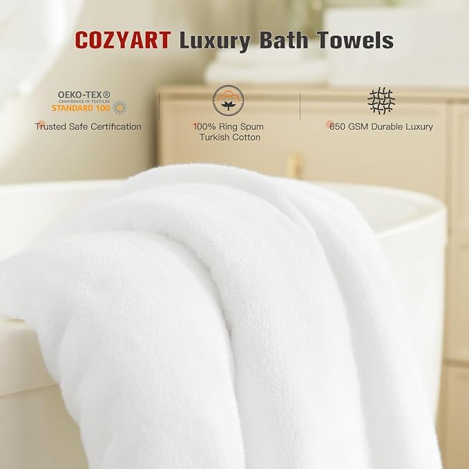 COZYART Luxury Bath Towels 4 PCS, 27x54 650 GSM Turkish Cotton, White | Zero Twist 100% Ring Spun Cotton, Fluffy, Ultra Soft, Super Absorbent, Quick Dry, Large Towels for Hotel Spa Bathroom Shower