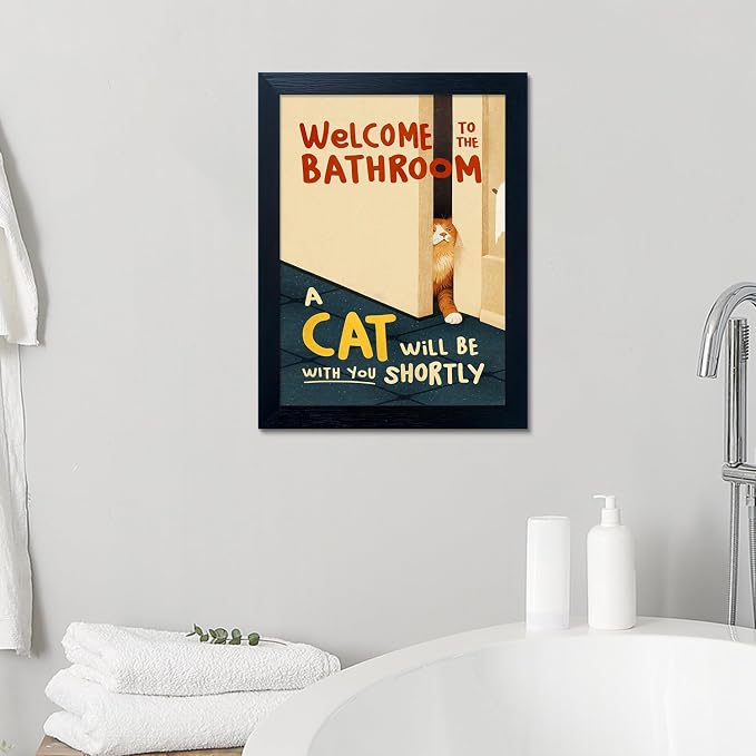 Framed Funny Bathroom Wall Decor Welcome to the Bathroom Painting A cat Will be With You Shortly Cat Lover Canvas Print Poster Modern Home Decor